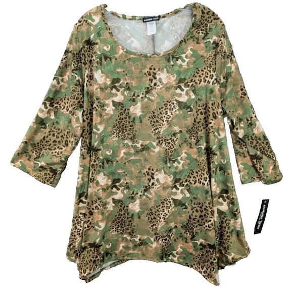 Double Take Tunic Top Women's 3X Green Camo Leopard Print 3/4 Sleeve‎ Lagenlook - Picture 1 of 8